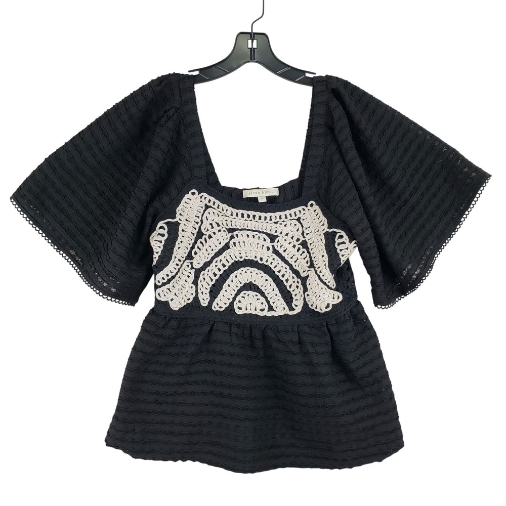 Sarah Hann Crochet Bib Blouse Women S Black Boho Flutter Sleeve Peplum